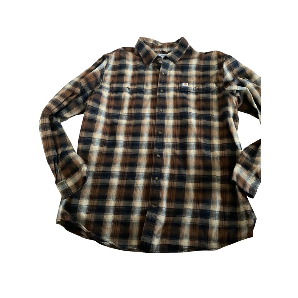 Carhartt Mens XL Tall Plaid‎ Flannel Shirt Original Fit Brown Tan Long Sleeve